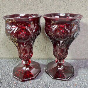 Antique McKee Ruby Red Goblets Cups Set 2 Embossed Floral Filigree Vintage Decor